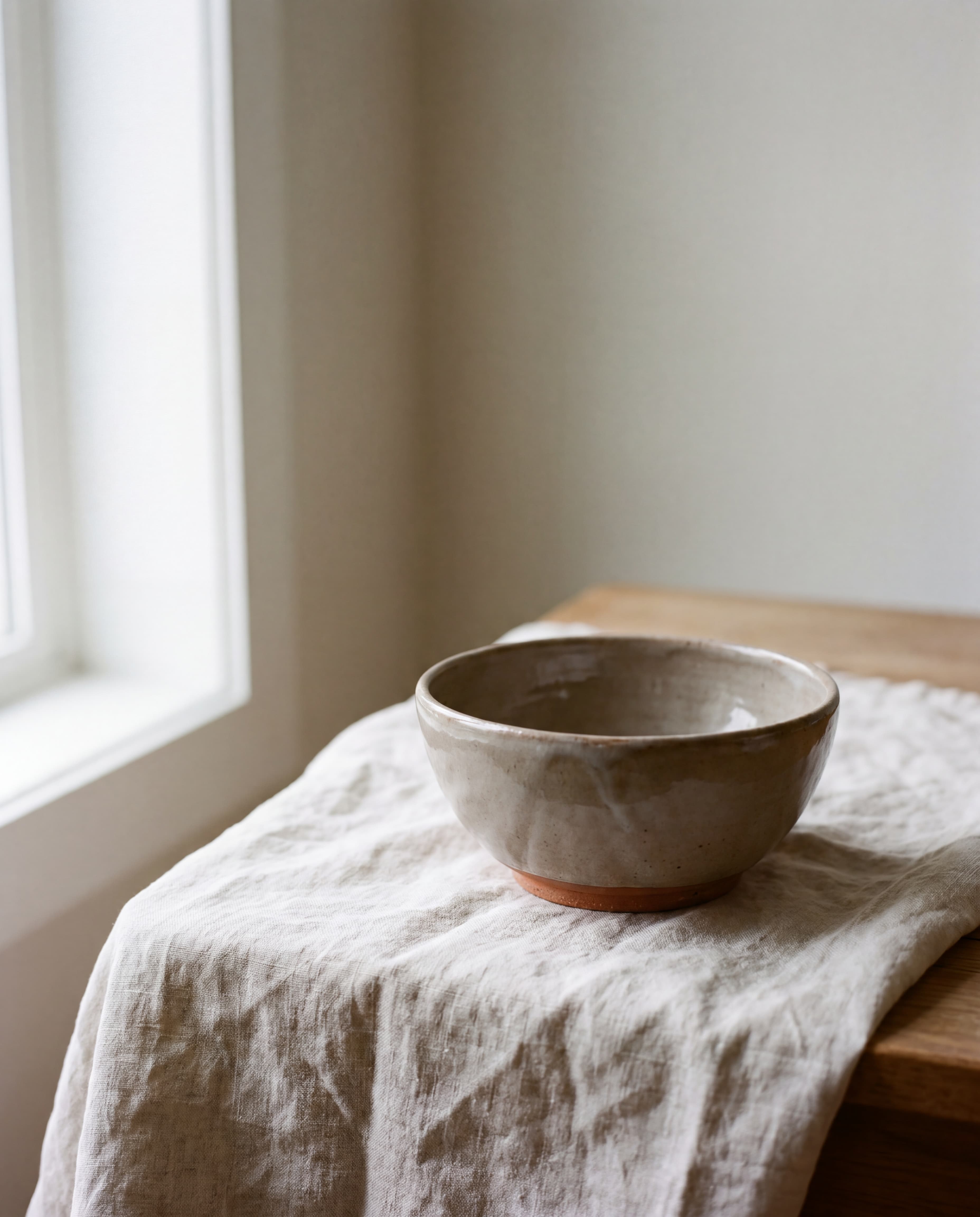 A single hand-thrown ceramic bowl on linen, in soft morning light by a window.