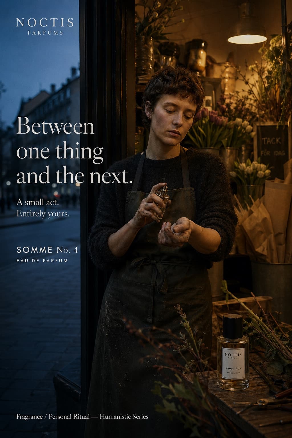 A Stockholm florist in her apron at the doorway between shop and street, applying fragrance
