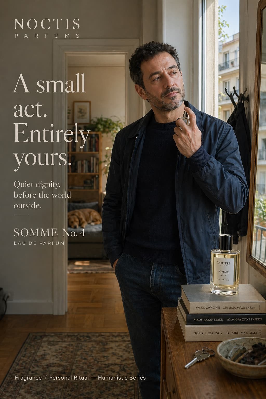 A Greek man at the threshold of his apartment, applying fragrance before leaving