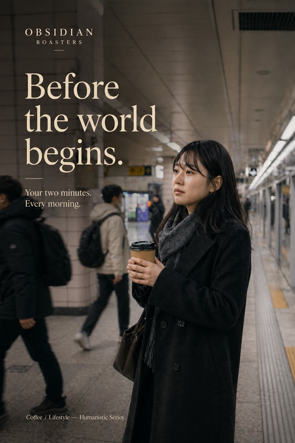A young woman on a Seoul subway platform, holding a takeaway cup, two minutes before her train