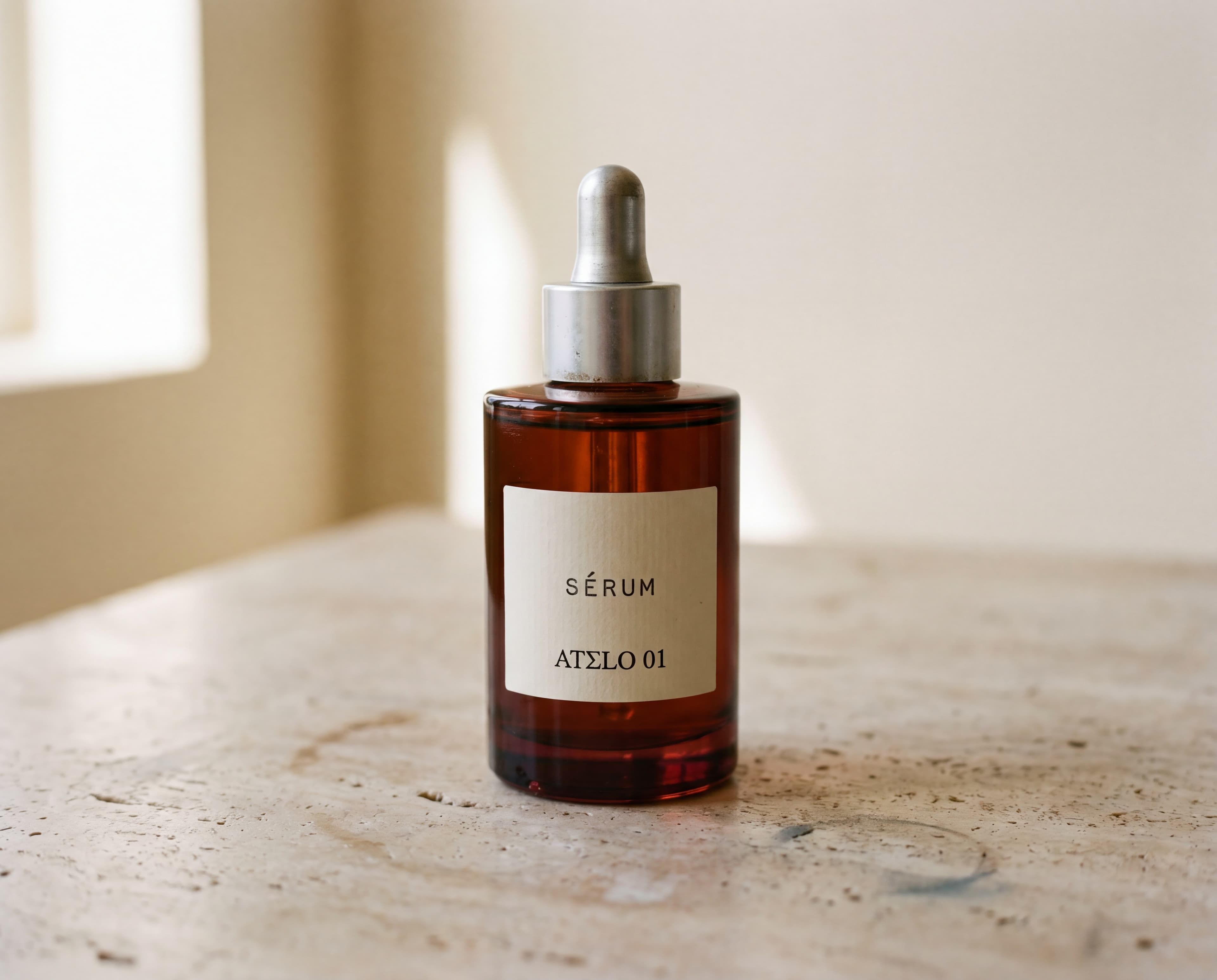 Studio shot of the Sérum Atelo 01 bottle in soft window light