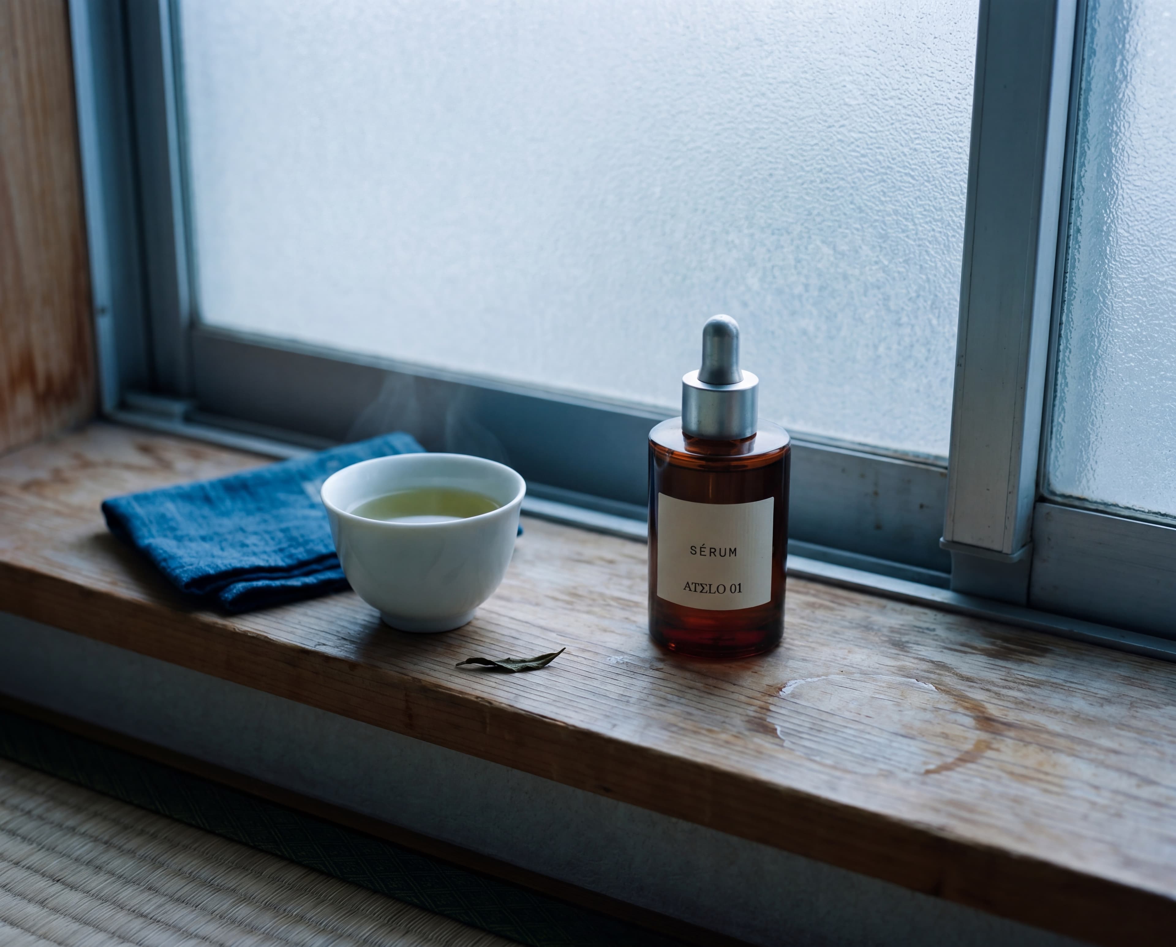Sérum on a hinoki ledge with a teacup, blue hour, Tokyo